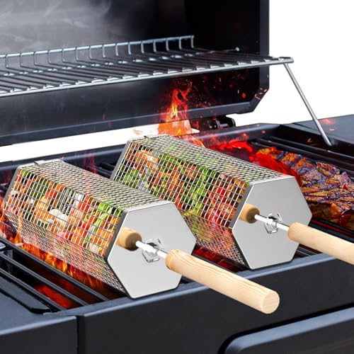 Ivtivfu Nesting Grillkörbe (2 Stück, 2024), abnehmbarer Holzgriff, 304 Edelstahl, rollendes Grillnetz, Grillzubehör, Werkzeuge für Gemüse, Garnelen, Outdoor-Kochen, Camping, Geschenke für Männer,