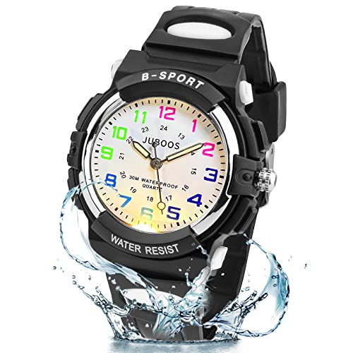 Juboos Neue 7-Farbige Kinderuhren, Kinderuhr Jungen Mädchen Analog Quartz Uhr mit Armbanduhr Kautschuk Wasserdicht Outdoor Sports Uhren 5-16 (Schwarz Weiss)