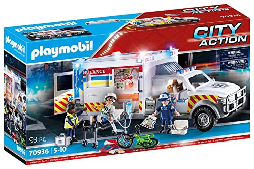 PLAYMOBIL City Action 70936 Rettungs-Fahrzeug: US Ambulance mit abnehmbarem Dach, öffenbare Heck- und Seitentür, beleuchtetem Monitor, Blinklicht und Original Rettungswagen-Sirenen-Sound, ab 5 Jahren