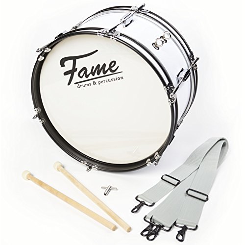 Fame Junior Marching Bass Drum, 16"x7", Weiß, Leichte Kinder Trommel, Inklusive Gurt, Schlägel, Stimmschlüssel, Ideal für Karnevalszüge, Musikvereine, Schulen, Ab 5 Jahren