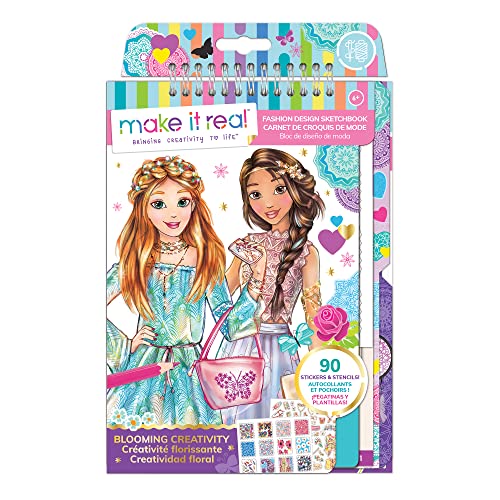 Make It Real Blühende Kreativität Modedesign-Skizzenbuch mit Schablonen und Aufklebern für Kreativität - Kunst- und Bastelarbeiten für Kinder Malbuch - Geschenke für Mädchen