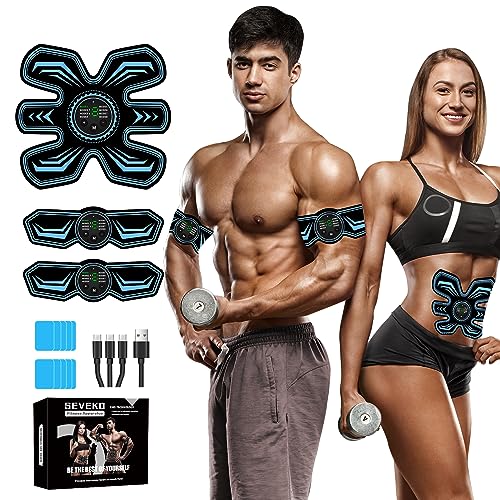 Bauchmuskeltrainer EMS Trainingsgerat, Bauchtrainer, Sicher Effektiv Schneller EMS Trainingsgerät Ganzkörper Muskeltrainer, 8 Modi und 15 Intensitäten, 10 Stück Ersatz-Hydrogels (Blau)