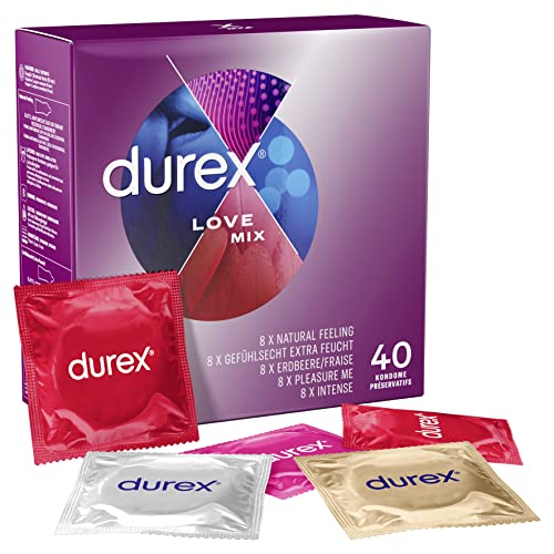 Durex Love Mix Kondome-Mischung – Vielseitige Mixpackung mit 5 verschiedenen Kondom-Sorten zum Ausprobieren – 40er Pack (1 x 40 Stück)