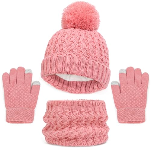 LINSOCLE 3in1 Kinder Wintermütze Schal Handschuhe Set, Mädchen Winter Beanie Hut Schal Handschuhe Set, Jungen Warme ​Wintermütze Beanie Hut Handschuhe Runder Schal Set für Kinder 1-6 Jahre