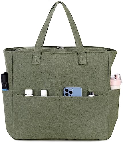 LEDAOU Große Strandtasche mit reißverschluss Damen Wasserdicht Umhängetasche Tragetasche shopper sanddicht mit Reißverschluss Pool Fitness Reisetasche familie（Armeegrüner Canvas）