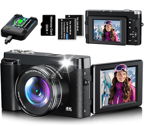 4K Digitalkamera 48MP Autofocus Kompaktkamera Fotokamera mit 32GB Karte, 3 Zoll 180° Flip-Bildschirm, 16X Digital Zoom Kompaktkamera Fotoapparat mit 2 Batterien für Anfänger(Schwarz)