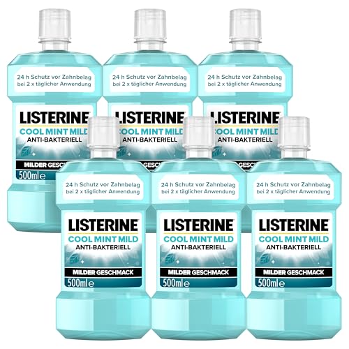 LISTERINE Cool Mint Mild (6 x 500 ml), antibakterielle Mundspülung mit ätherischen Ölen & ohne Alkohol, Mundwasser bekämpft wirksam Bakterien, perfekte Ergänzung zur täglichen Zahnpflege