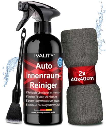 Ivality® Premium Auto Innenraum Reiniger Set - Cockpitpflege für die Innen Reinigung von Kunststoff, Polster, Leder & Armaturen - Autopflege Innenraumreiniger Auto mit Pinsel - Cockpit Reiniger