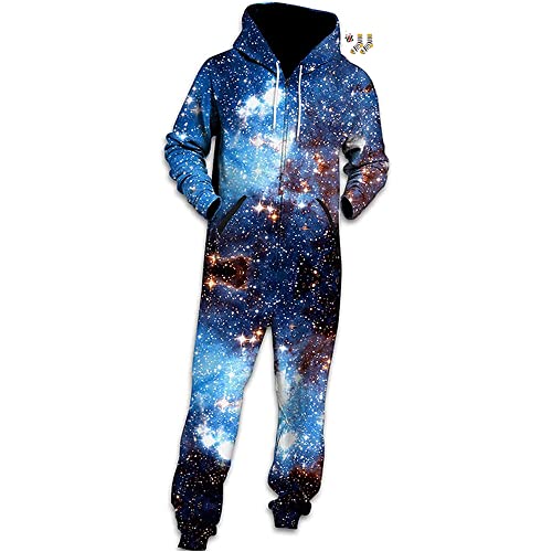 Morbuy Herren Jumpsuit Jogger, Blau Sternenhimmel Drucken Kapuzenpullover Strampelanzug 3D Printed Onepiece Sweatshirt Männer Strampler Weich Nachtwäsche Overall Trainingsanzug (M, Blauer Stern)