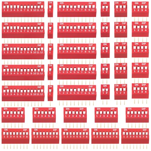 Zweireihiger Dip-Schalter, 40 Stück 1 2 3 4 6 8 10 12 Pin DIP-Schalter-Sortiment, 2.54mm Rutschtyp Roter Kippschalter, für Schaltkreis, Breadboards, PCB, Leiterplatten