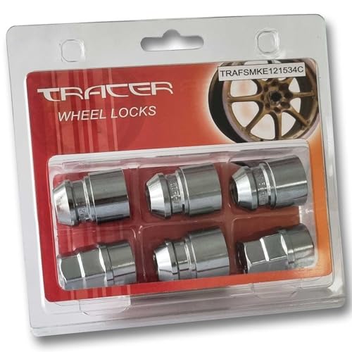 TRACER Felgenschloßmuttern schwarz M12x1.5 - Kegelbund 60° - Länge 34mm Schlüsselweite 19/21 mit 2x Schlüssel kompatibel mit Ford, Chrysler, Toyota, Hyundai, KIA, Honda, Mazda (chrom)