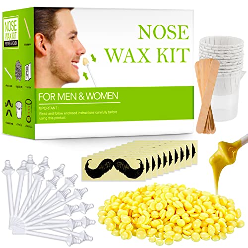 Nose Wax Kits Nasenwachs Set für Männer und Frauen, Nasenhaarentfernungswachs mit 100g Nasenhaarwachs,20 sichere Applikatoren, 10 Holzapplikatoren, 10 Behälter und 10 Schnurrbartschablonen