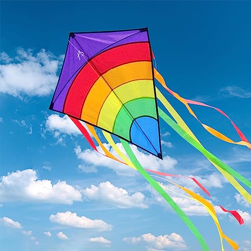 Drachen Kinder, Einleiner Flugdrachen für Kinder und Erwachsene, 64x75cm, Bunt Delta Regenbogen Kites Lenkdrachen mit 100m Drachenschnur und Streifenschwänze, Perfekt für Anfänger