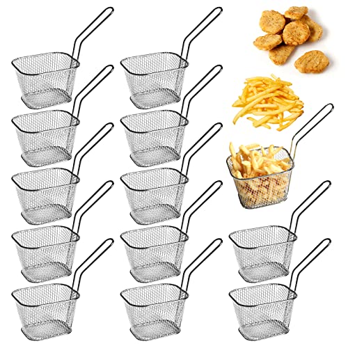 Sporgo 12 Stück Pommes Körbchen: Klein Edelstahl Frittierkorb Silber Pommeskörbchen, Korb für Frittiertes Essen Körbchen mit Henkel, Friteusenkorb für Pommes Frites, Zwiebelringe, Chicken Nuggets (1)