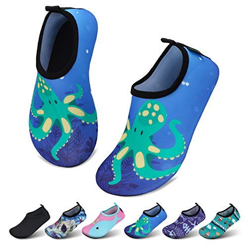 SAGUARO Kinder Badeschuhe Jungen Aquaschuhe Mädchen Schnell Trocknend Strandschuhe Atmungsaktiv Wasserschuhe Surf Yoga Neoprenschuhe,Blau Octopus,Gr.26/27 EU