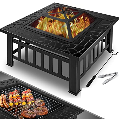 KESSER® Feuerstelle mit Grillrost & Grillzange Feuerschale 82x82x50cm, 3in1 Multifunktional Fire Pit für Heizung/BBQ Grill, Garten Terrasse, Metall Feuerkorb mit Schutzhülle Schürhaken Funkenschutz