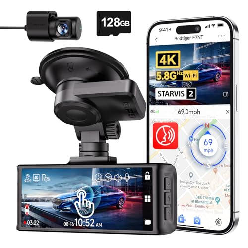 REDTIGER 4K STARVIS 2 Dashcam Auto Vorne Hinten, Touchscreen 3,18 Zoll, Sprachsteuerung, Dash Cam Auto 5.8GHz WiFi GPS, Kostenlose 128GB Karte, 2160P UHD Nachtsicht, WDR, Parkmonitor(F7N Touch)