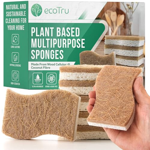 ecoTru 6 Stück Bio Spülschwamm Aus Zellulose und Kokos, Natur Reinigungsschwamm, öko und Nachhaltig Küchenschwamm, Kompostierbarer, Umweltfreundlich Kitchen Sponge, Biologisch Abbaubar Geschirrschwamm