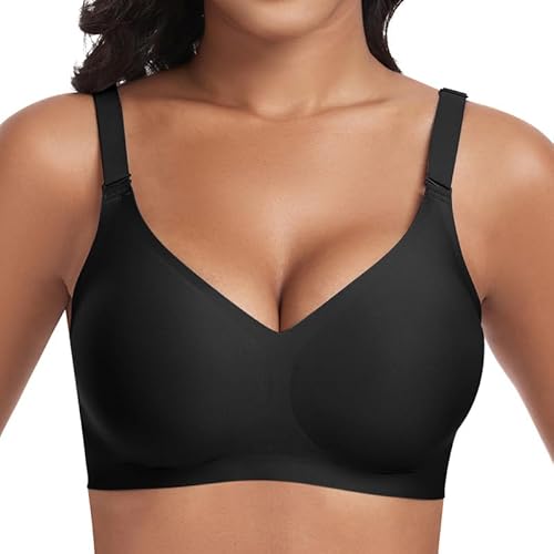 Jiuday BH Damen ohne Bügel Push Up BH Große Größen Guter Halt Bügelloser BH Seamless Bra Soft BH ohne Buegel Bequemer T Shirt V-Ausschnitt Bralette (Schwarz,2XL)