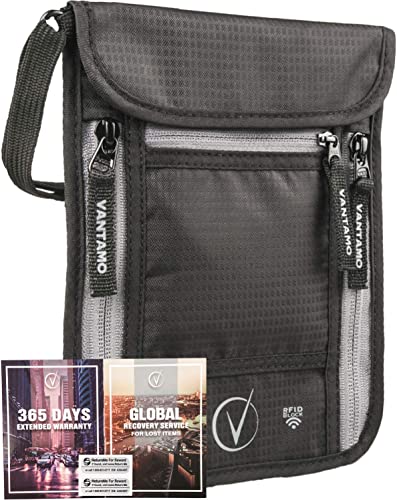 Vantamo Brustbeutel Herren und Damen - Passport Bag - mit RFID-Blocker - Sicherheitstasche Passend für Reisepass mit Cover - inkl. Global Recovery Tags - Stilvolles Schwarz/Grau