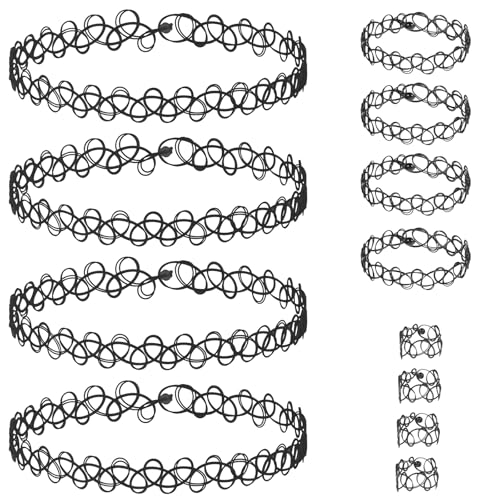 Andibro 12 Stück Elastische Halskette Set, 4 Sets Stretch Tattoo Choker Kette Armband Ringe Damen Vintage Punk Gothic Tattoo Kette Gummi Halsband 90er jahre Accessoires für Mädchen Teenager