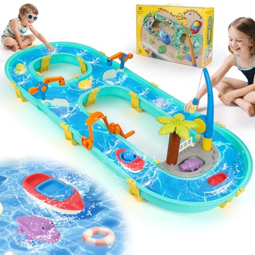 Gaethra Wassertisch Spielzeug 3+ Jahr, Wassertisch Kinder Outdoor mit 2 Boote, 6 Tierfiguren, Wasserbahn Draußen Wasserpark Spielset für Kinder 3+ Jahr