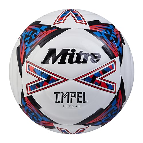 Mitre Impel Futsal Fußball | Indoor-Fußball | sprunggedämpft, Weiß/Schwarz/Leibchenrot, 4