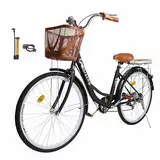 26 Zoll Beach Cruiser Fahrrad für Damen, 7-Gang-Schaltung, City-Bike mit verstellbarem Sitz und Korb, Hochfester Kohlenstoffstahlrahmen, Komfortabel, Leicht zu montieren