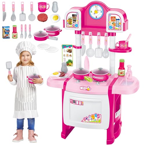 deAO My Little Chef Miniatur-Küchenspielset, Rollenspiel mit Licht und Sound, Wasserspiele und 18 Zubehörteilen (Rosa)