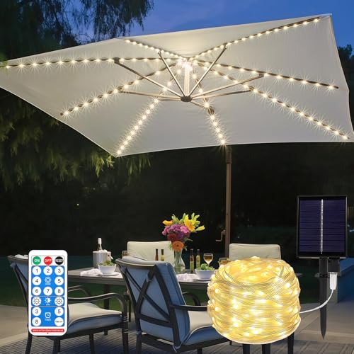 Solar Sonnenschirm Lichterkette,Sonnenschirm Beleuchtung mit Fernbedienung,LED Sonnenschirm Lichter,8 Modus,104 LEDs,Umbrella Lights,IP67 Wasserdichte Gartenleuchten,Baldachin Dekorative Strip Lichter