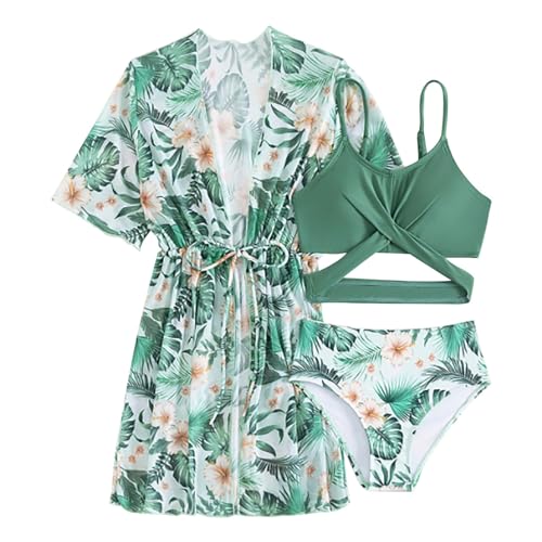 QINQNC Mädchen Badeanzug 3-teilige Tropical Print Bikini Set Crisscross Badeanzug mit schnell trocknender Abdeckung Up Kimono Bademode (Green, 9-10 Years)