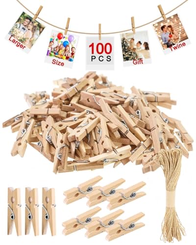 100 Stück Mini Holzklammern,3CM Wäscheklammern Holz,mit 10M Jute Twine,Natur Holzklammern Klein,Deko Wäscheklammern, Natürliche Zierklammern-für Fotos, Fotowand, Postkarten, Briefen(3×0.7cm)
