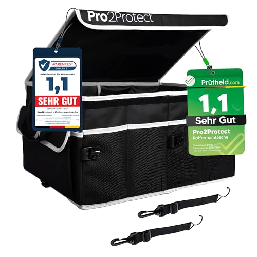 Pro2Protect [ 2x Test SEHR GUT Kofferraum Organizer Auto Zubehör Innenraum | 51x36x27Cm | Kofferraumtasche XXL | Auto Gadgets | Faltbox WASSERDICHT | Autotasche Box | Geschenke für Frauen und Männer
