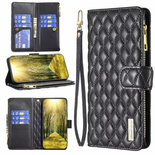 Rnrieyta Miagon für Samsung Galaxy S24 Reißverschluss Hülle,Rhombus Brieftasche Geldbörse Handtasche Armband Flip Magnetisch 9 Kartenhalter Ständer PU Leder Cover