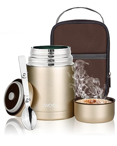 ZWOOS 800 ml Thermobehälter für Essen, 316 Edelstahl Wärmebehälter für speisen, Auslaufsicher Thermobecher Essen mit Edelstahllöffel, 12 Stunden Heiß, 12 Stunden Kalt(Champagner Golden)