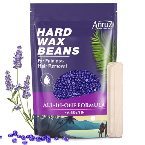 ANRUZ Waxing Perlen für Empfindliche Haut – 453 g Wachsperlen Haarentfernung mit 10 Applikatoren – Violette Wax Perlen für Augenbrauen, Gesicht, feines Haar zu Hause Wachsen für Wachswärmer