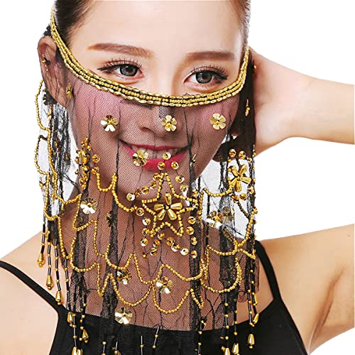Belly Dance Face Schleier, Chiffon Face Schleier mit Pailletten Perlen für Belly Dance Kostüme Performance Halloween Kostümzubehör für Frauen und Mädchen