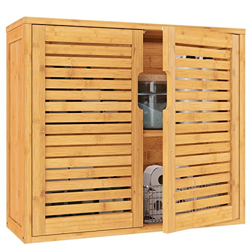 VIAGDO Badezimmerschrank Hängend Bambus Wandschrank, Hängeschrank Küchenschrank Badezimmer Regal Medizinschrank mit höhenverstellbarer Regalebene, Badschrank Wandmontage, Wandregal, 20.7x59x51cm