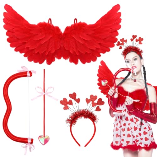 Amor Kostüm Accessoires, Flügel Engel, Cupid Pfeil und Bogen, Herz Stirnband, Amor Requisite Zubehör für Mädchen Frauen Karneval Valentinstag Party(Rot)