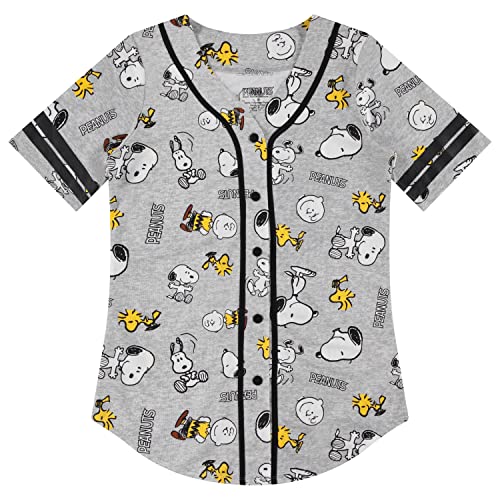 Peanuts Snoopy Baseballtrikot für Damen, Snoopy Charlie Brown, Woodstock, Linus Mesh Button-Down-Baseballtrikot, Grau / Schwarz, Groß