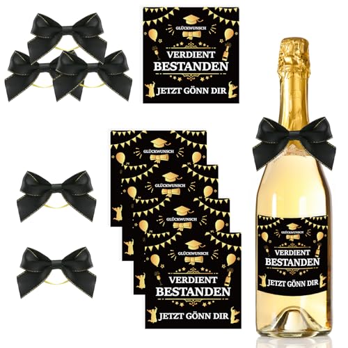 Flaschenetikett Verdient Bestanden Set, 5 Stück Selbstklebend Flaschen Aufkleber, mit 5 Schleife, Abschluss Flaschenetikett, Graduation Aufkleber, für Bestandene, Prüfung usw(10x10cm)