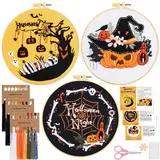 JSRQT 3 Stück Halloween Stickerei Set für Anfänger Erwachsene, Kreuzstich Set mit Kürbis Skelett Muster, Komplettes Sticken Starter Set mit Stickwerkzeug, DIY Stickset für Kunsthandwerk und Dekoration