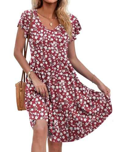 AUSELILY Damen Sommerkleid Rüschen Kurzarm Elegante V-Ausschnitt Kleider Swing Knielanges A-Linie Freizeit Strandkleid Gestuftes Kleider mit Tasche Rote Blumen M