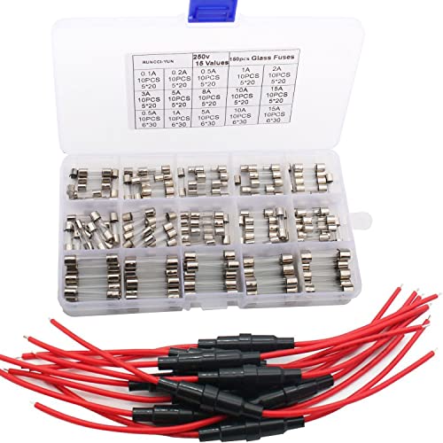 RUNCCI-YUN10 pcs 5 x 20 mm kfz sicherungshalter 12v AGC-Sicherungshalter, Inline-Schraub-Typ+Glassicherungen Kit 150 pcs 250V 0.1A,0.2A,0.5A,1A,2A,3A,5A,8A,10A,15A,5x20mm, 0.5A,1A,5A,10A,15A,6x30mm