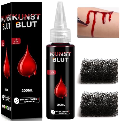 Premium Kunstblut Halloween 200ml, Fake Blood für Halloween Schminke SFX Make Up, Fake Blut für Kleidung, Haut, Gesicht, Auswaschbar, Kunst Blut für Vampir, Monster und Zombie Kostüme, mit 2 Schwamm