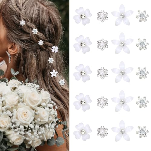 Mezrkuwr 20 Stück weiße kleine Blumen-Haarspangen, Mini-süße Strass-Metall-Haarnadeln für Frauen, Braut-Haarspangen für Mädchen, Hochzeit, Haarschmuck(4 Blumenmuster)