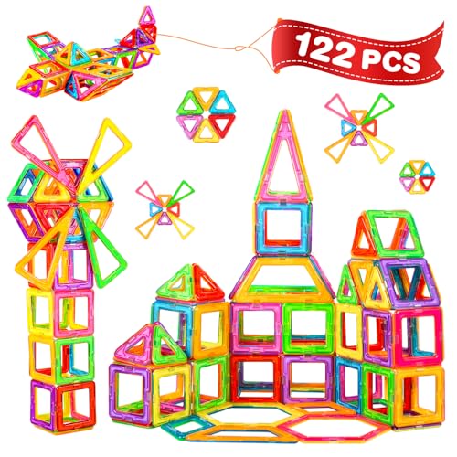 Crenova Magnetische Bausteine 122 Teile Magnetspielzeug Magnetbausteine Spielzeug für Kinder Magnet Spielzeug für Jungen und Mädchen ab 3 4 5 6 7 8