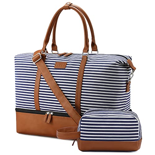 Sucipi Reisetasche Damen Weekender Damen Groß Canvas PU-Leder Handgepäck Kliniktasche (XL 53 x 37 x 23 cm) mit Schuhfach mit Kulturtasche - Blau Gestreift