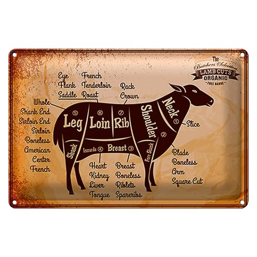 Vintage Metallschild | Lammfleisch Schnitte | Küchen Dekoration | Retro-Stil | 30x20 cm | 18 cm x 12 cm