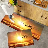 Küchenteppich Teppich Läufer Küchenläufer 2 Stück rutschfest,Landschaft, Flugzeug Flugzeug Widebody Jet fliegen auf Air Rising Sun mit flauschigen Wolk, Waschbar für Flur Küche 40 x 100 cm+40 x 60 cm